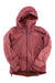 A red Rab Women's Khroma Volition GORE-TEX jacket with hood, front zipper, two zippered side pockets, and gray zipper pulls is laid flat on a white background.