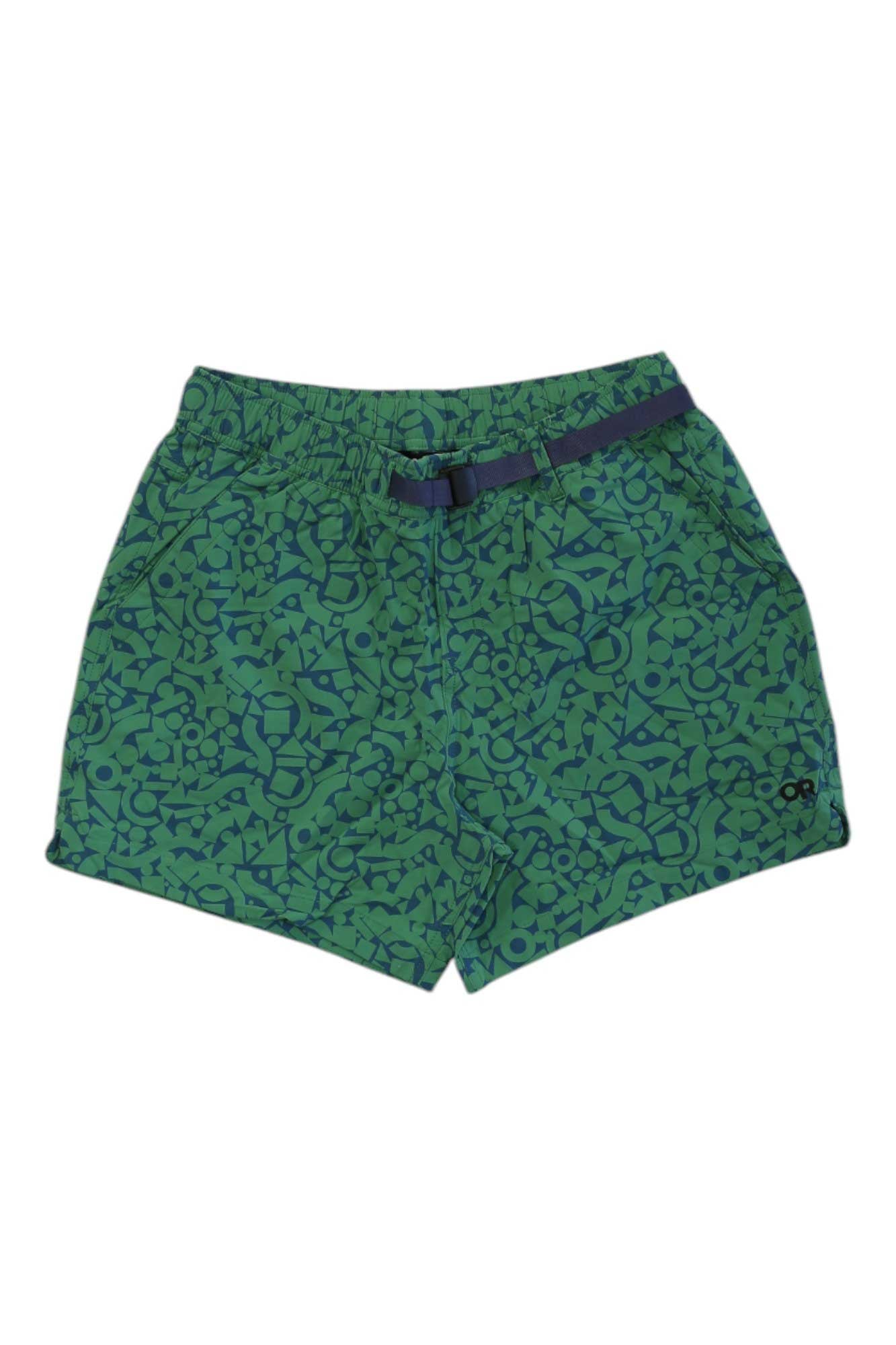 Green shorts with an abstract navy pattern, elastic waistband, integrated navy belt, small black logo on the left leg, and quick-drying fabric—perfect for active days. Try the Outdoor Research Womens Ferrosi 5 Inch Short.