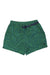 Green shorts with an abstract navy pattern, elastic waistband, integrated navy belt, small black logo on the left leg, and quick-drying fabric—perfect for active days. Try the Outdoor Research Womens Ferrosi 5 Inch Short.