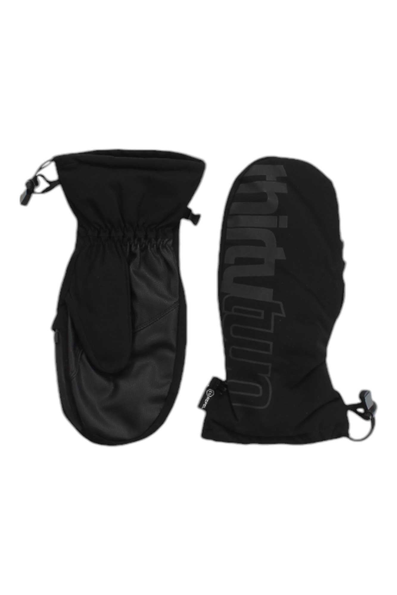 Black men's ski mitt, palm and back view with ThirtyTwo branding, drawcord cuff