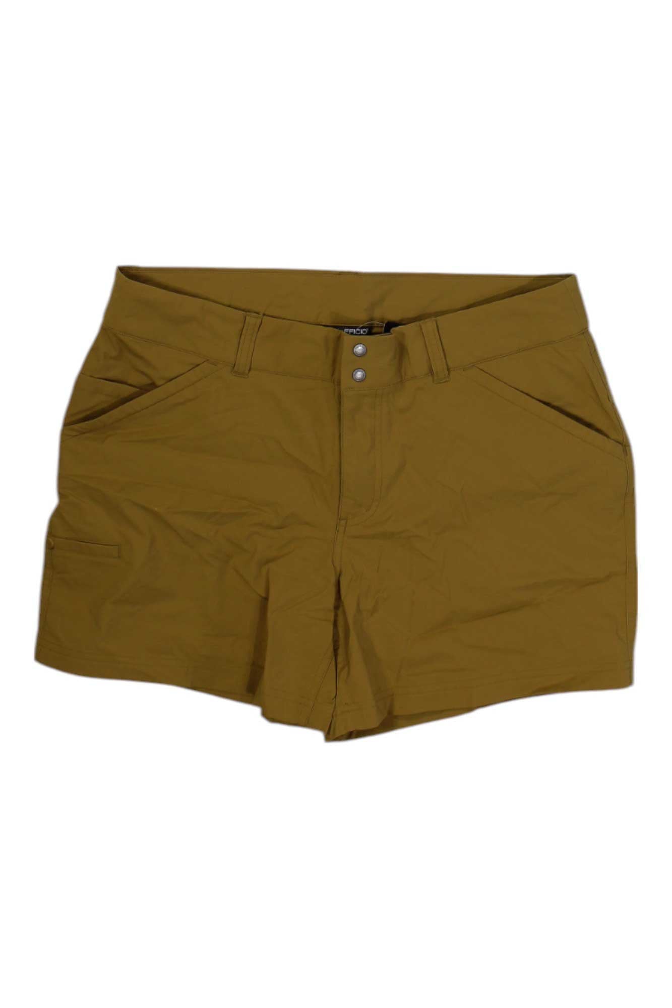 A pair of khaki brown ExOfficio Womens Amphi Shorts with front pockets, belt loops, and button closure, laid flat on a white background. These moisture-wicking shorts are ideal for outdoor adventures.