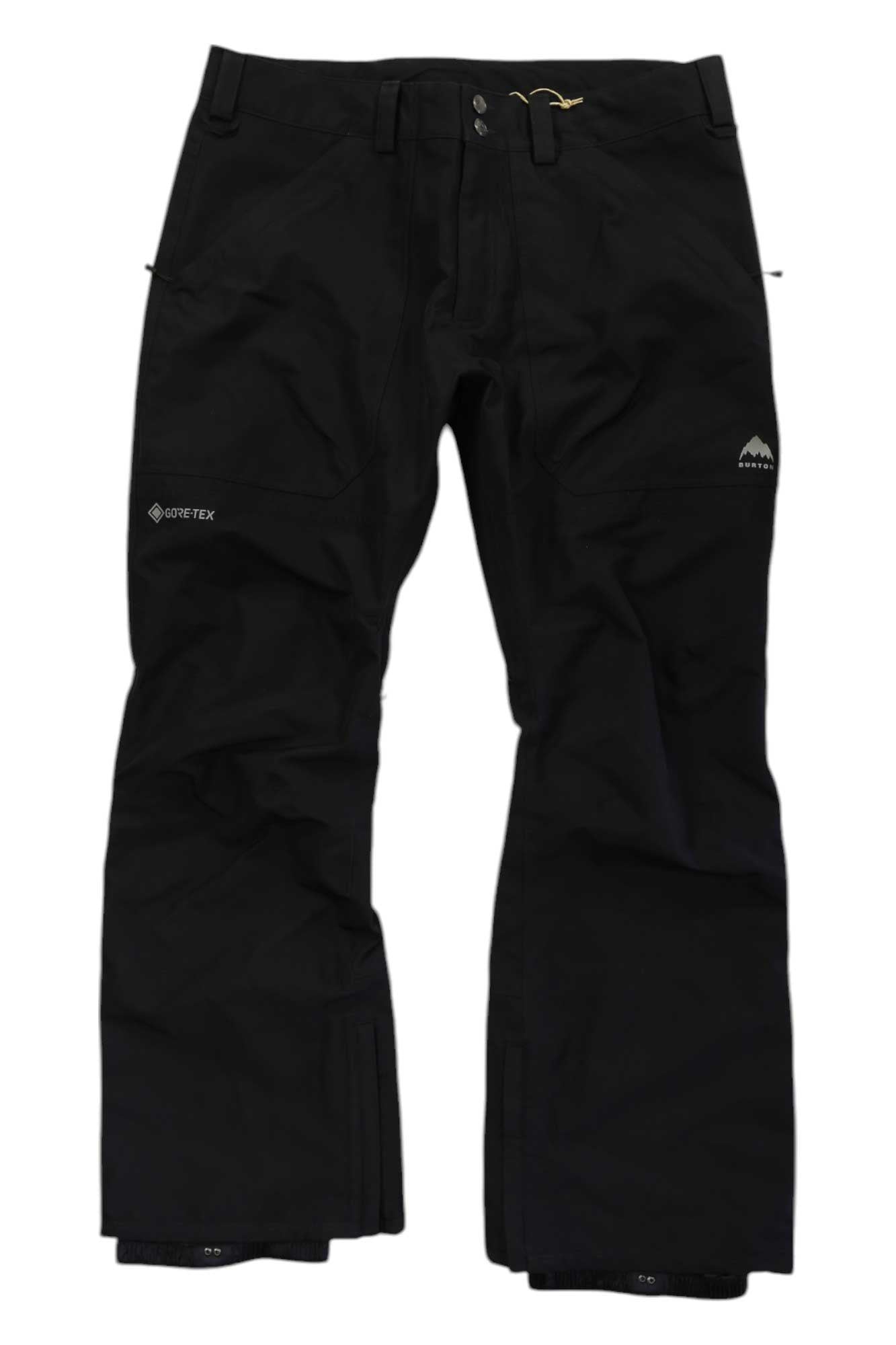 The Burton Men's GTX Ballast Pant is a black, waterproof, breathable Gore-Tex snow pant with button and zipper closure, belt loops, two zippered side pockets, slightly flared legs, and logos on the left thigh and right knee.