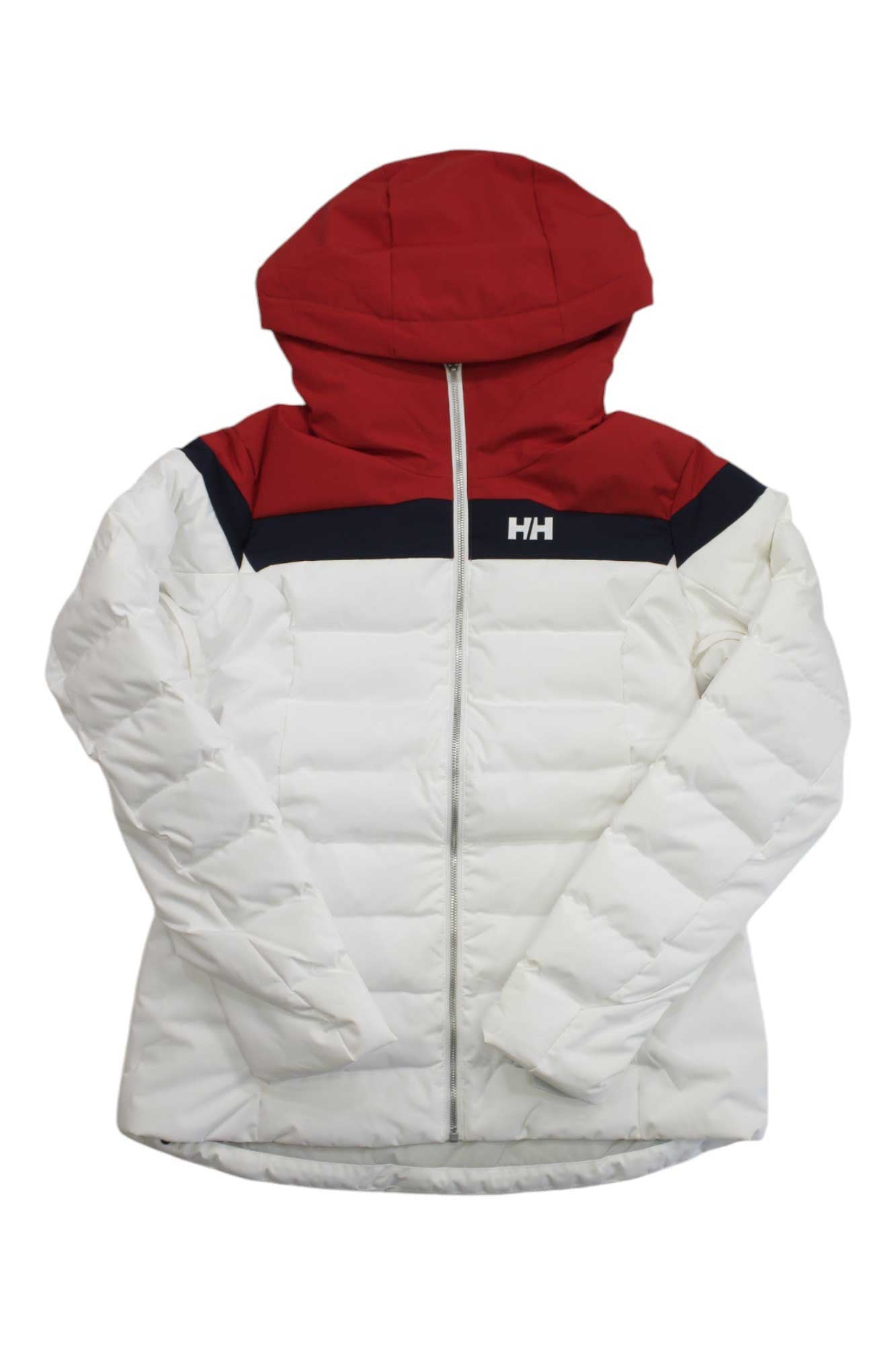 The Helly Hansen Womens Imperial Puffy Jacket is waterproof, features synthetic down insulation, a white body with red hood and shoulders, black chest stripe, front zipper, and HH logo on the left chest.