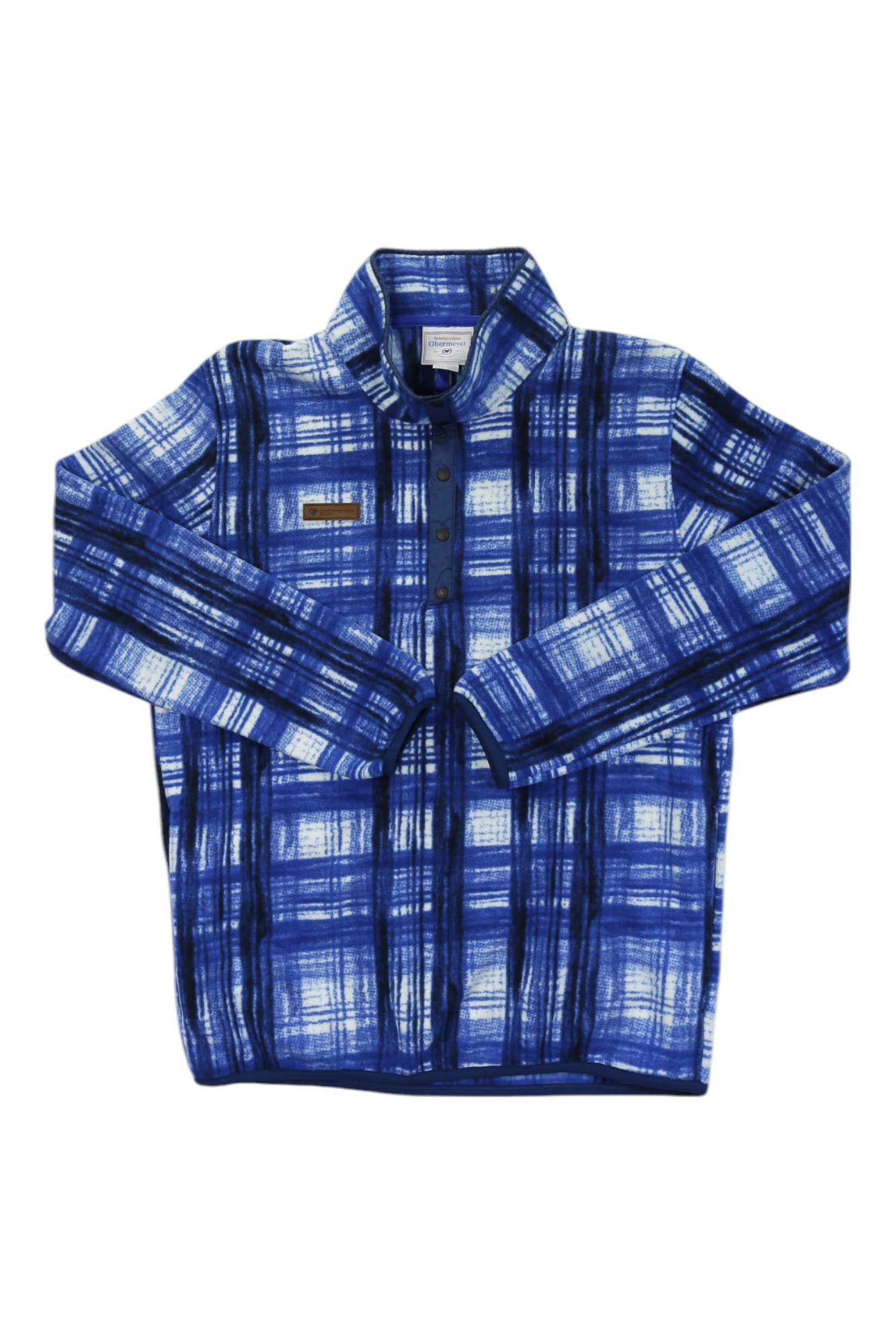 The Obermeyer Men's Boulder Fleece Top features a blue and white plaid design, collar, button-up neckline, and front pocket. Made from polyester fleece with long sleeves and a relaxed fit for comfortable, casual wear.