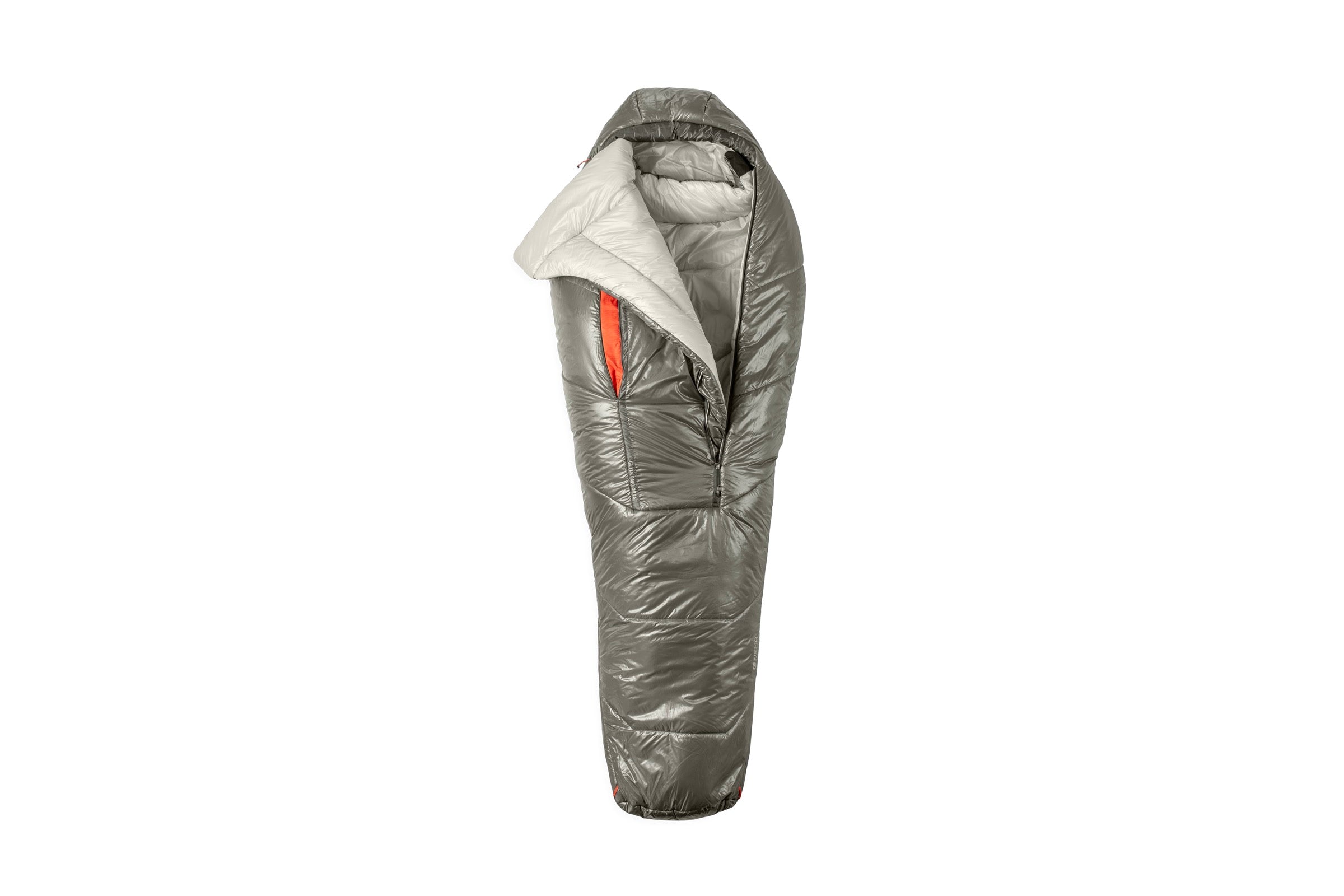 The Nemo Soul 15/25 Sleeping Bag is a gray, mummy-shaped ultralight bag with a partially open hood, orange zipper, recycled synthetic insulation, and light inner lining. Its padded design is perfect for cold-weather camping.