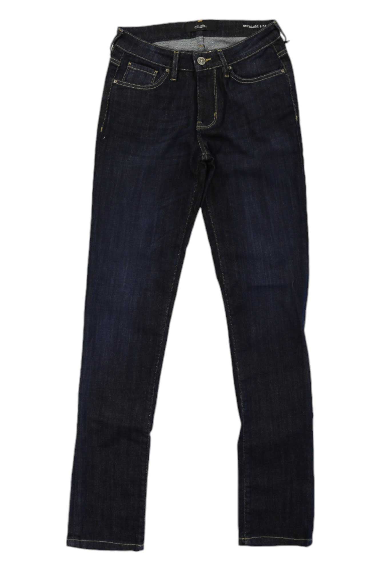 The dish Womens Performance Denim Straight and Narrow Jean features dark blue 4-way stretch denim, yellow stitching, front pockets, and button-zip closure, shown laid flat on a white background.