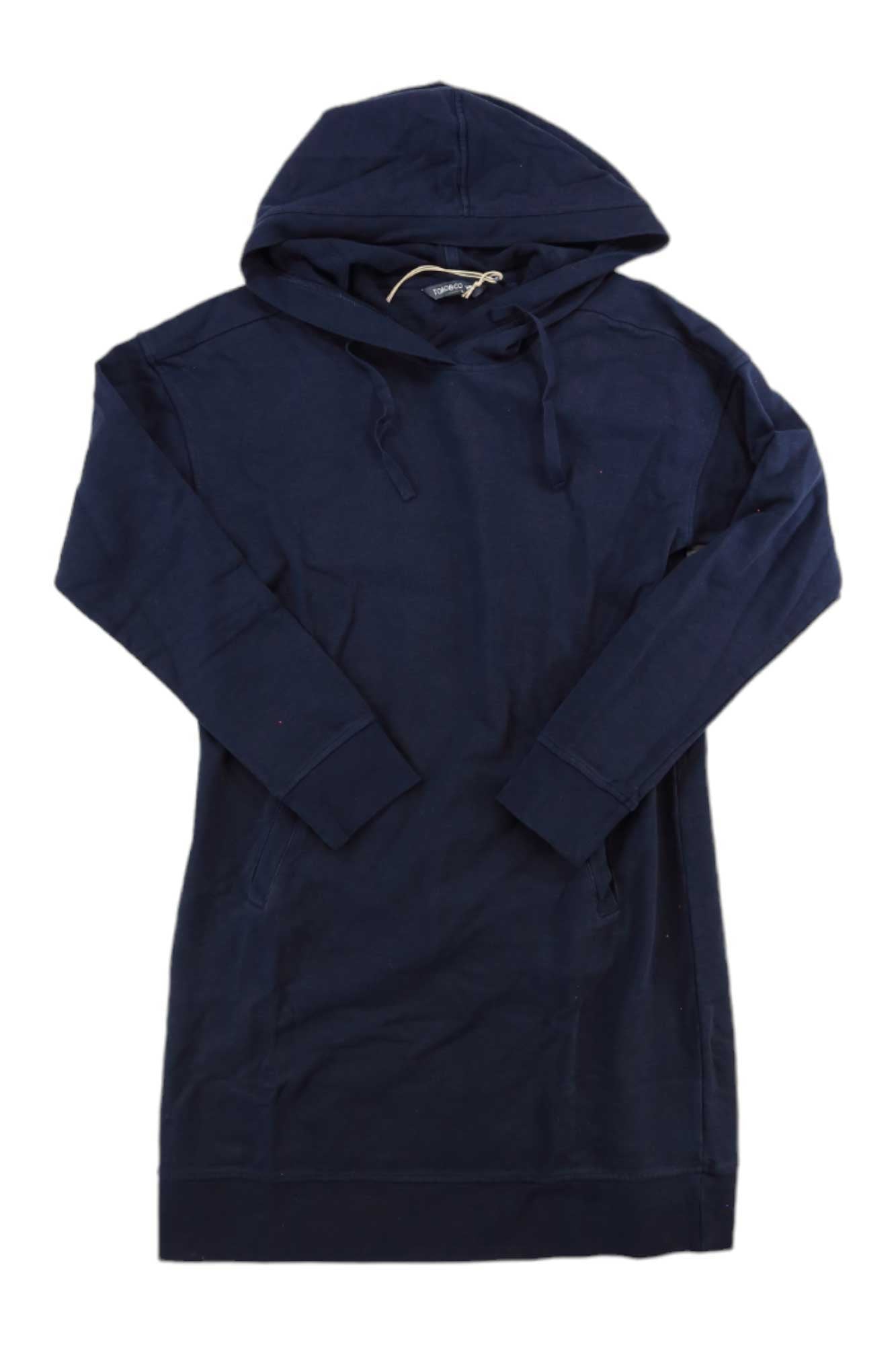 Toad & Co women's hooded dress, navy with drawstring hood and long sleeves