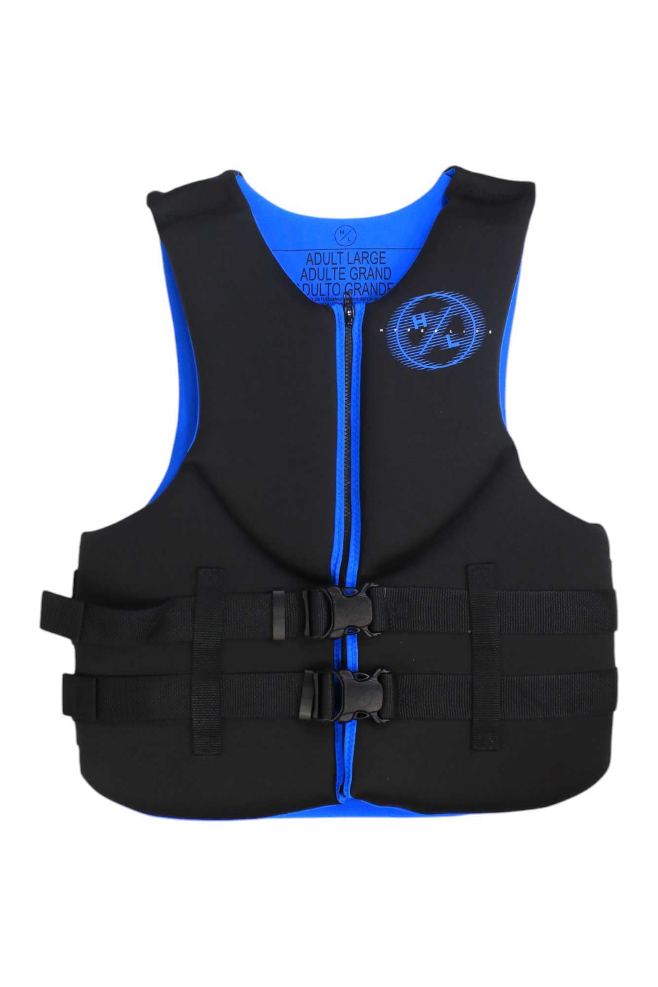 The Hyperlite Men's Indy CGA Vest is a black and blue life vest for adult large, featuring two adjustable buckle straps, a front zipper, and a circular logo on the left chest. It meets US Coast Guard requirements.