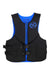 The Hyperlite Men's Indy CGA Vest is a black and blue life vest for adult large, featuring two adjustable buckle straps, a front zipper, and a circular logo on the left chest. It meets US Coast Guard requirements.