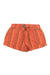 The Toad & Co Womens Taj Hemp 3 Inch Short, featuring orange and pink stripes, an elastic waistband with drawstring, side pockets, and moisture-wicking fabric, is shown laid flat on a white background.
