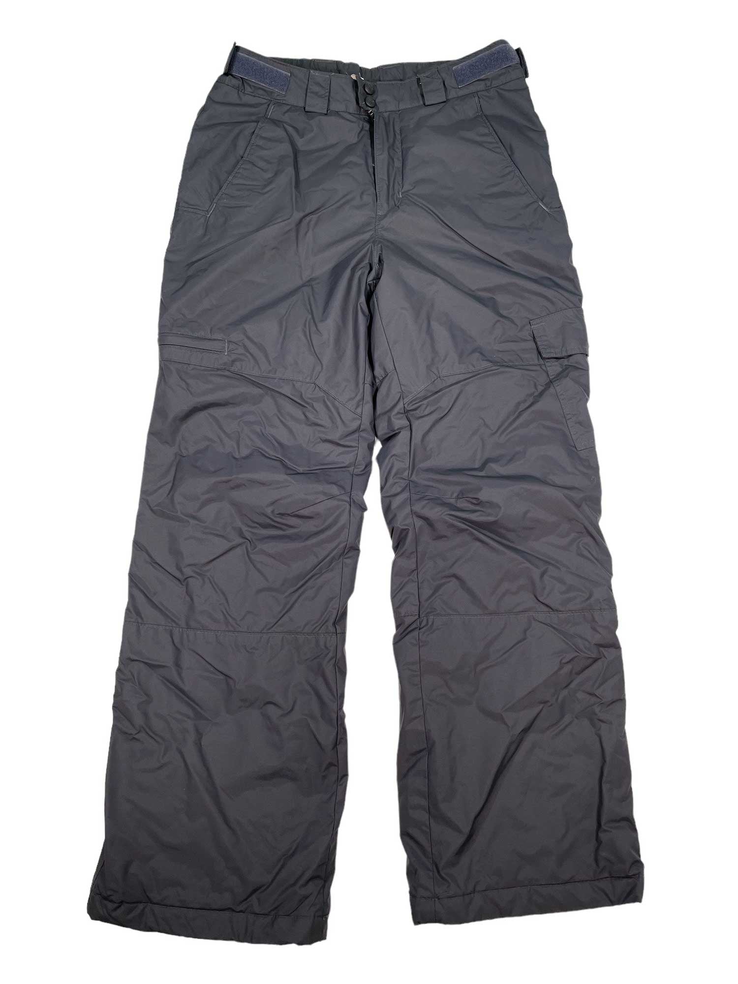 Men's Snow Gun Pants in black, featuring waterproof fabric, front and cargo side pockets, adjustable waist, synthetic insulation, and a zippered fly, shown laid flat on a white background.