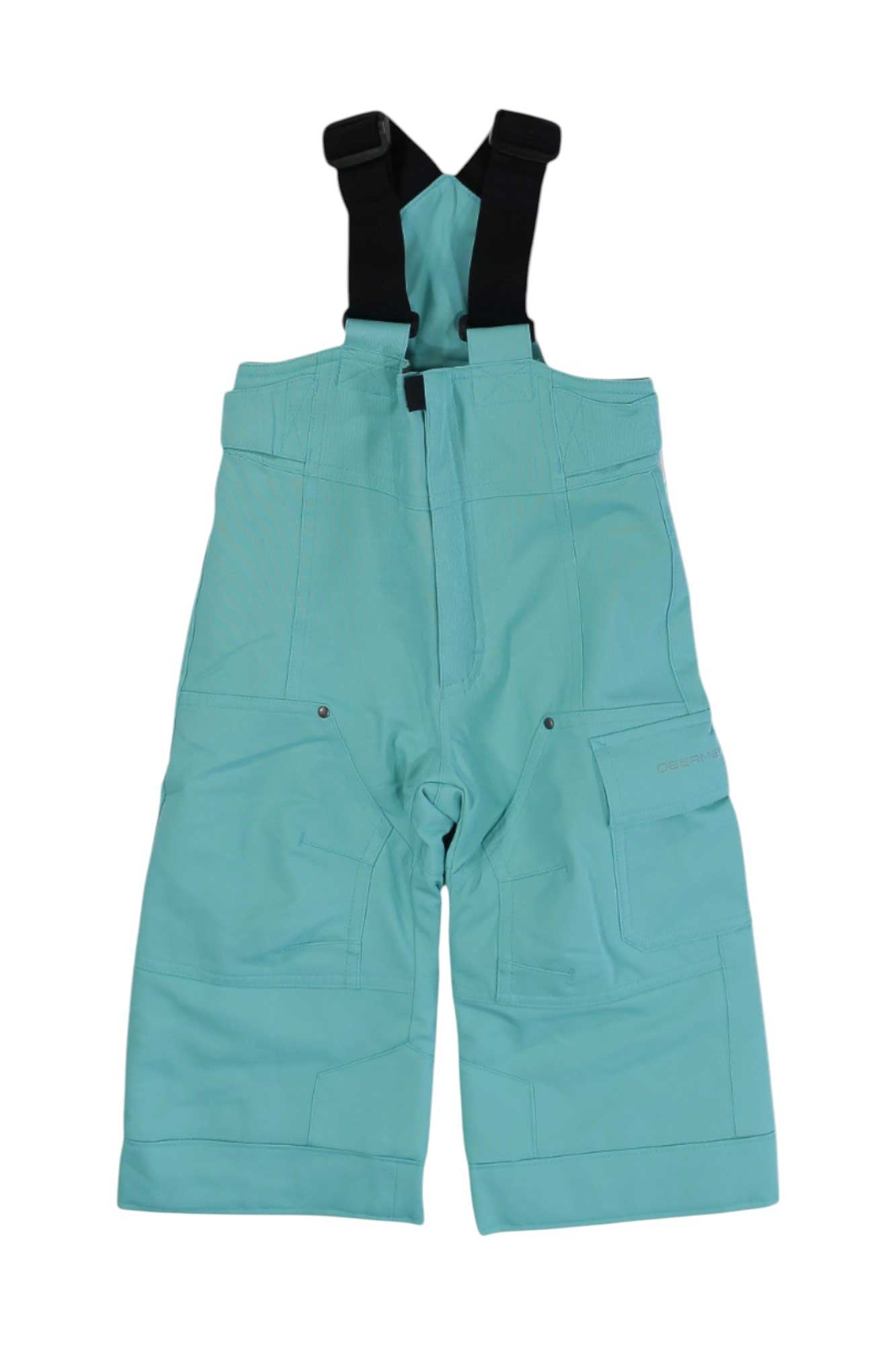 Obermeyer Boys Volt Pant in light blue, featuring waterproof fabric, adjustable black suspenders, large pockets, and reinforced knees, shown flat on a white background.