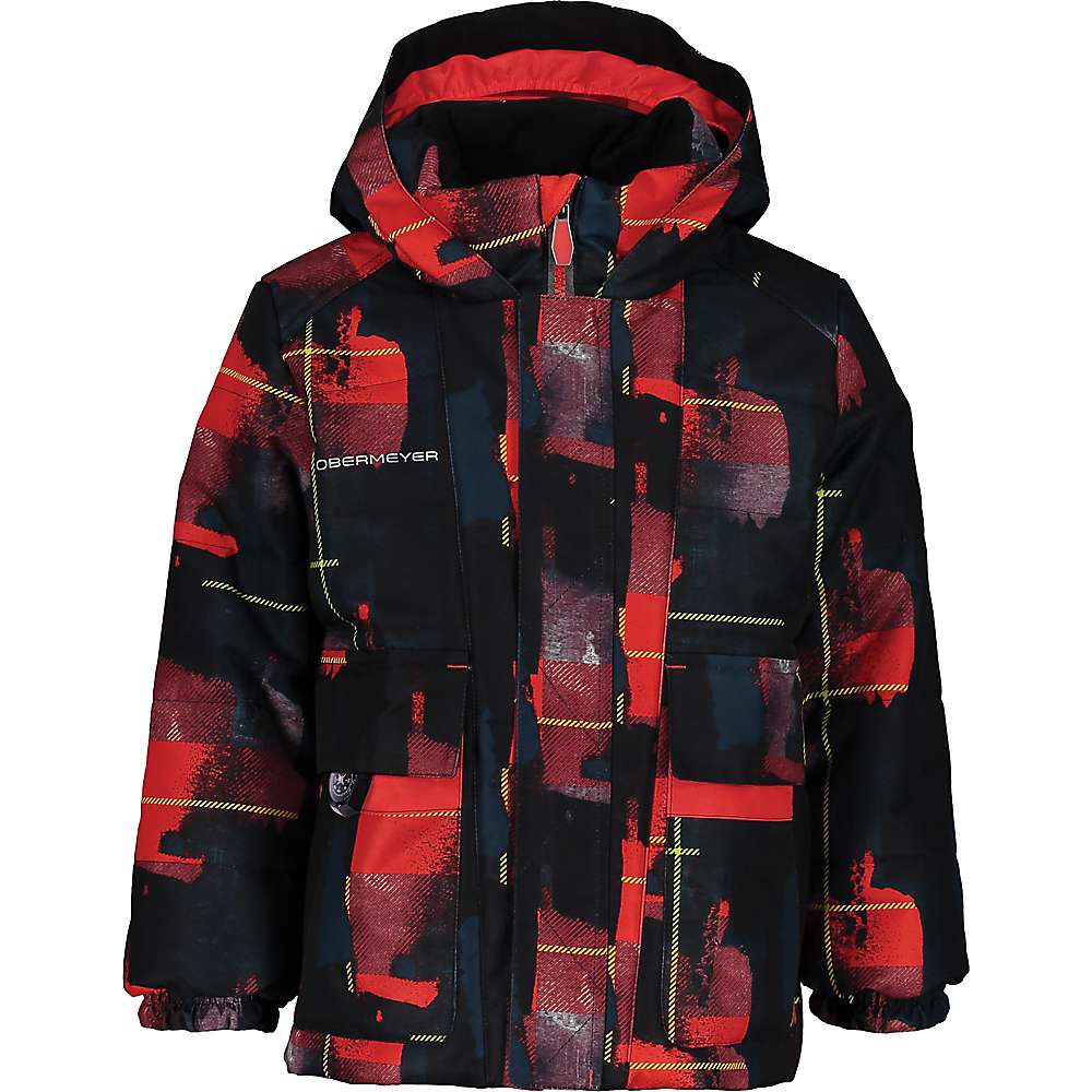 The Obermeyer Boys M-Way Jacket is an insulated ski jacket with a red, black, and yellow abstract plaid pattern, front zipper, flap pockets, HydroBlock Sport fabric, and "Obermeyer" printed on the left chest.