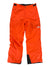 Bright orange Kids' Freedom Insulated Snow Pants by The North Face, featuring waterproof fabric, button and Velcro closure, adjustable waist tabs, black reinforced cuffs, and a white logo on the upper left thigh. Laid flat on a white background.