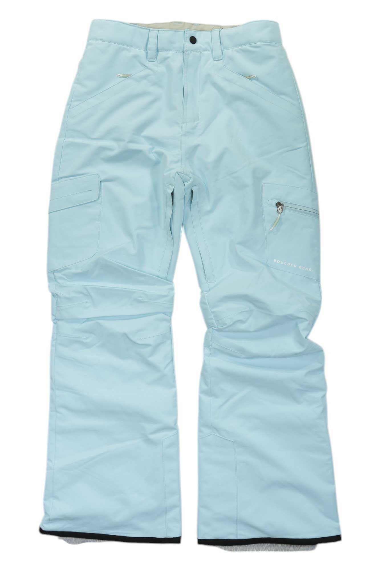 Light blue Boulder Gear Ravish Insulated Pants for girls, featuring cargo and zippered pockets, belt loops, and reinforced cuffs, laid flat on a white background.