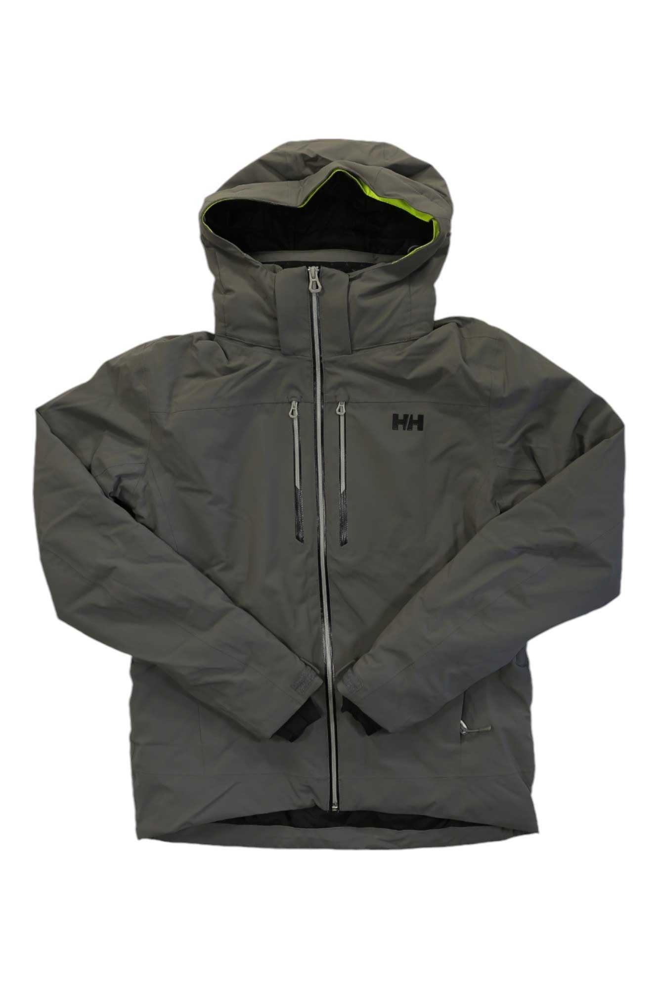 The Helly Hansen Mens Alpha Lifaloft Jacket in gray features a hood, front zipper, two vertical chest zippers, HH logo on the left chest, and neon green lining—an insulated waterproof ski jacket for men.