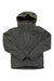 The Helly Hansen Mens Alpha Lifaloft Jacket in gray features a hood, front zipper, two vertical chest zippers, HH logo on the left chest, and neon green lining—an insulated waterproof ski jacket for men.