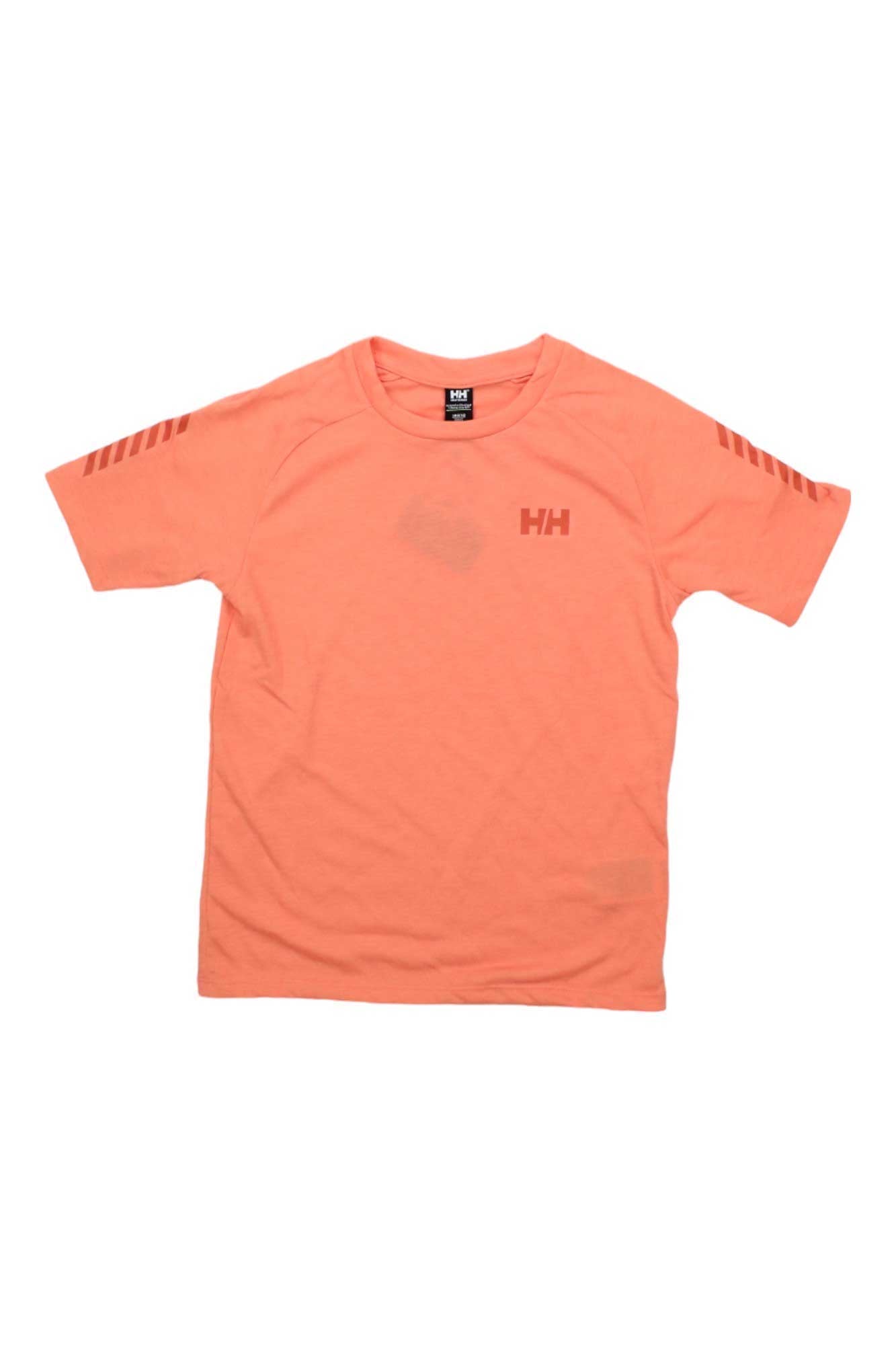 The Helly Hansen Juniors Loen Tech T-Shirt is a short-sleeved orange tee with a subtle logo on the left chest and angled stripes on both sleeves, displayed flat against a white background.