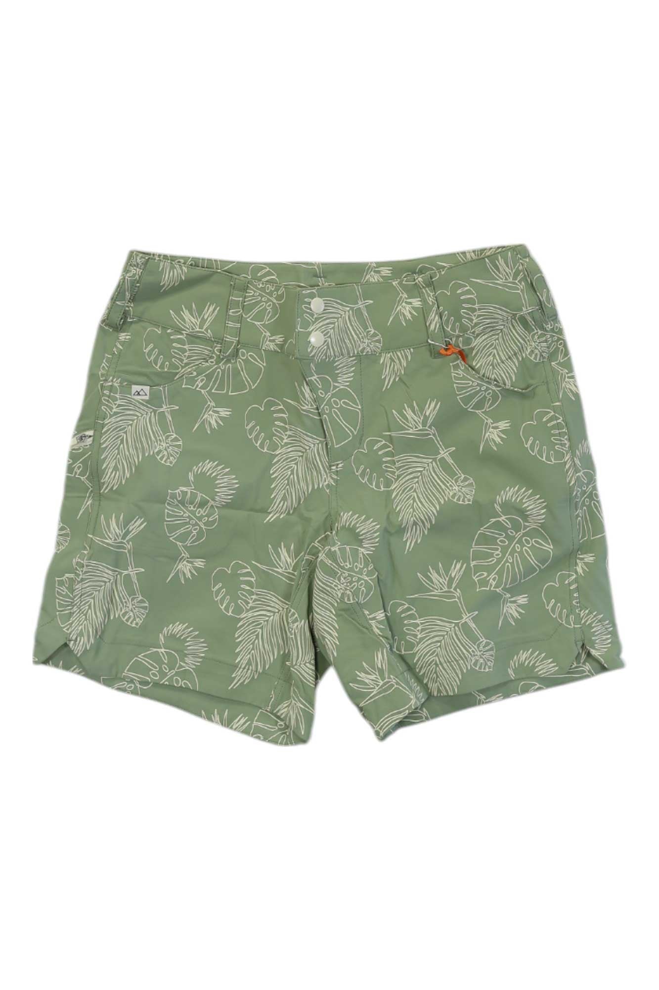 Wild Rye Womens Freda 7IN MTB Short: Light green MTB shorts for women, 7-inch inseam, white tropical leaf and bird print, front pockets, button fly, plus an orange accent on the right pocket.