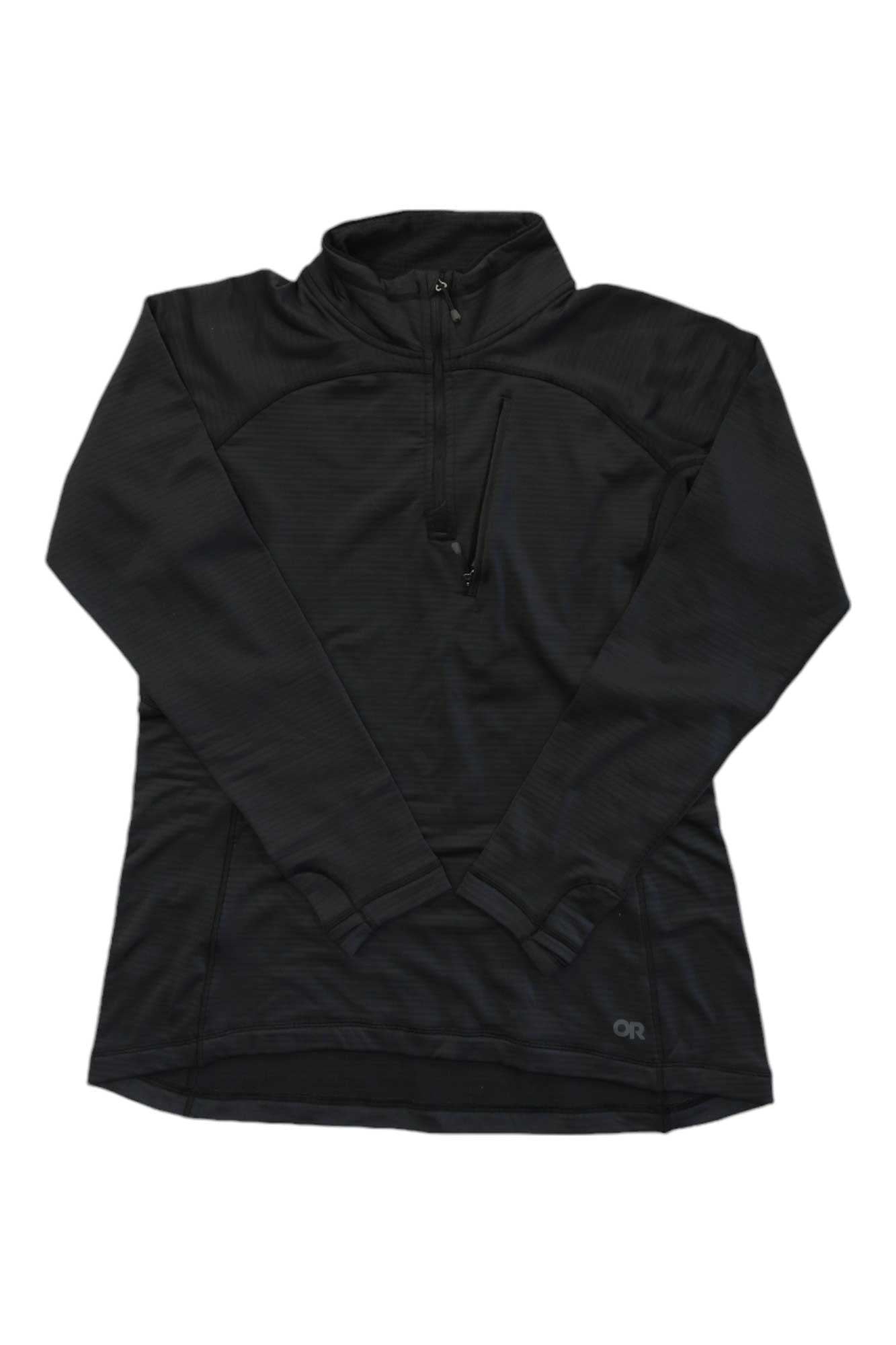 Women's black quarter-zip jacket with hood, long sleeves, front zipper