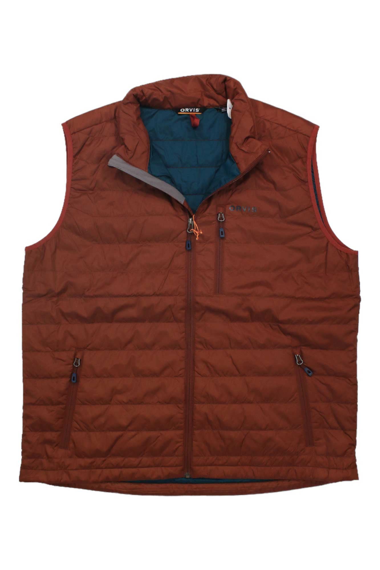 The Orvis Men's Recycled Drift Vest is a brown, quilted, sleeveless vest with a front zipper, two side zip pockets, stand-up collar, dark teal lining, and visible Orvis branding on the chest. Eco-friendly and insulated for comfort.
