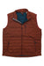 The Orvis Men's Recycled Drift Vest is a brown, quilted, sleeveless vest with a front zipper, two side zip pockets, stand-up collar, dark teal lining, and visible Orvis branding on the chest. Eco-friendly and insulated for comfort.