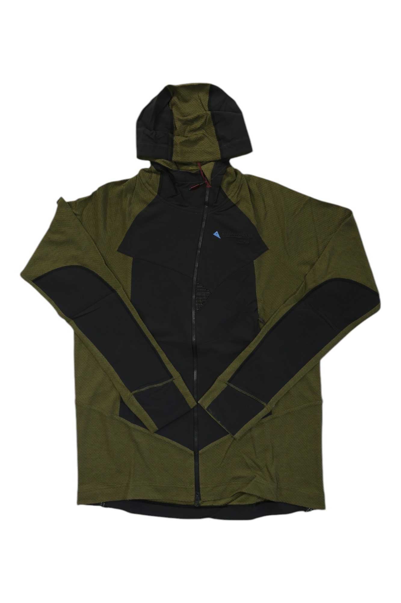 The Klattermusen Mens Hugin Zip Hoodie in olive green and black is shown flat on a white background, featuring long sleeves, a wind-protected zip, and bold black geometric designs—perfect for mountaineering.