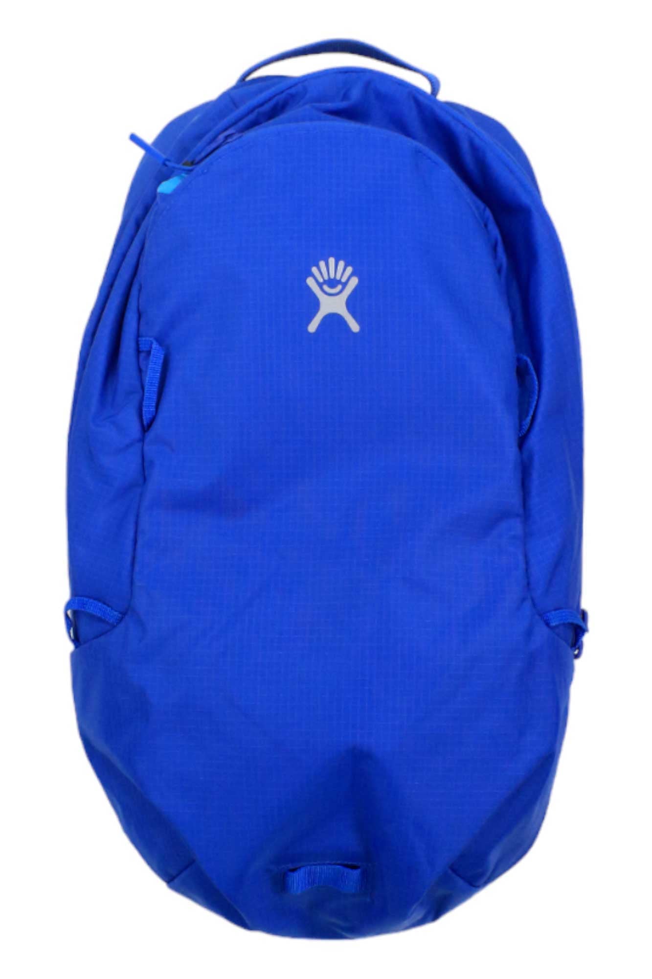 The Hydro Flask 14L Down Shift Hydration Pack is a bright blue backpack with the Hydro Flask logo, top handle, and side pockets—ideal for bike essentials or hydration—shown against a white background.