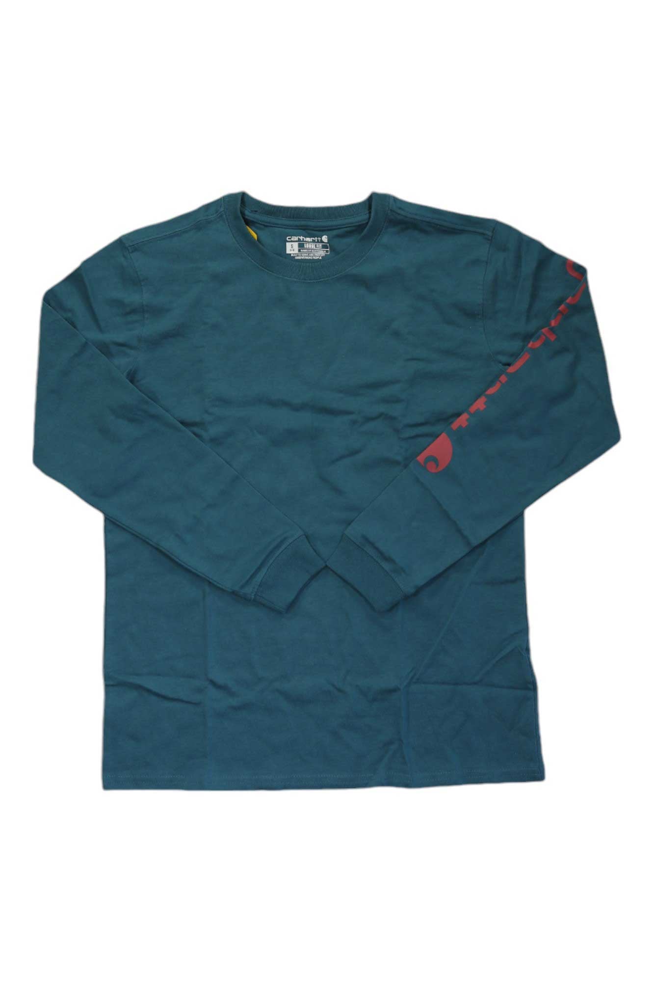 The Carhartt Women's Loose Fit Heavyweight Pocket LS T-Shirt features a teal green color, round neckline, long sleeves with red printed text on the left, and is shown laid flat on a white background.