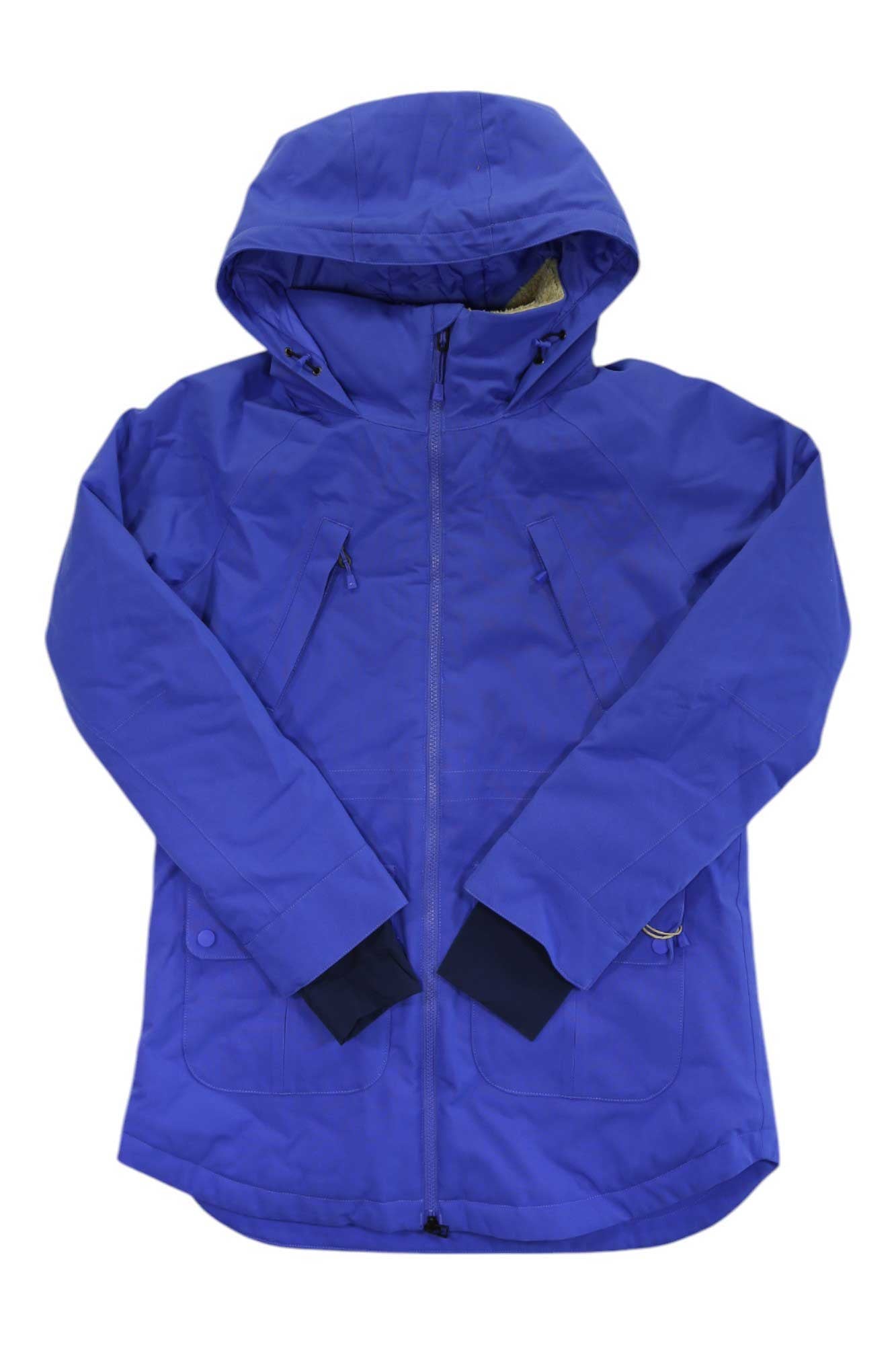 The Burton Womens Prowess Jacket is a blue snowsports jacket with THERMOLITE insulation, front zipper, long sleeves, zippered chest pockets, and two flap waist pockets, shown on a white background.