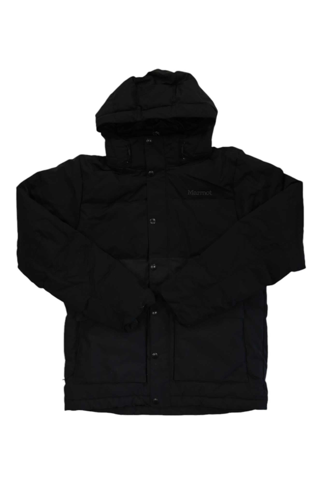 The Marmot Mens Fordham Jacket in black features a hood, front buttons, long sleeves, and 700 fill down for warmth. Waterproof and insulated, the jacket is displayed flat on a white background.