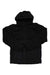 The Marmot Mens Fordham Jacket in black features a hood, front buttons, long sleeves, and 700 fill down for warmth. Waterproof and insulated, the jacket is displayed flat on a white background.