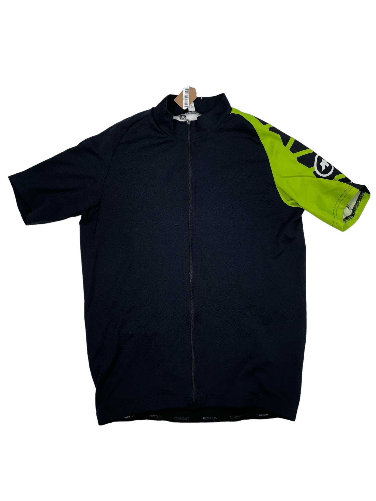 Black short-sleeve cycling jersey with neon green sleeve panel and zip-front closure