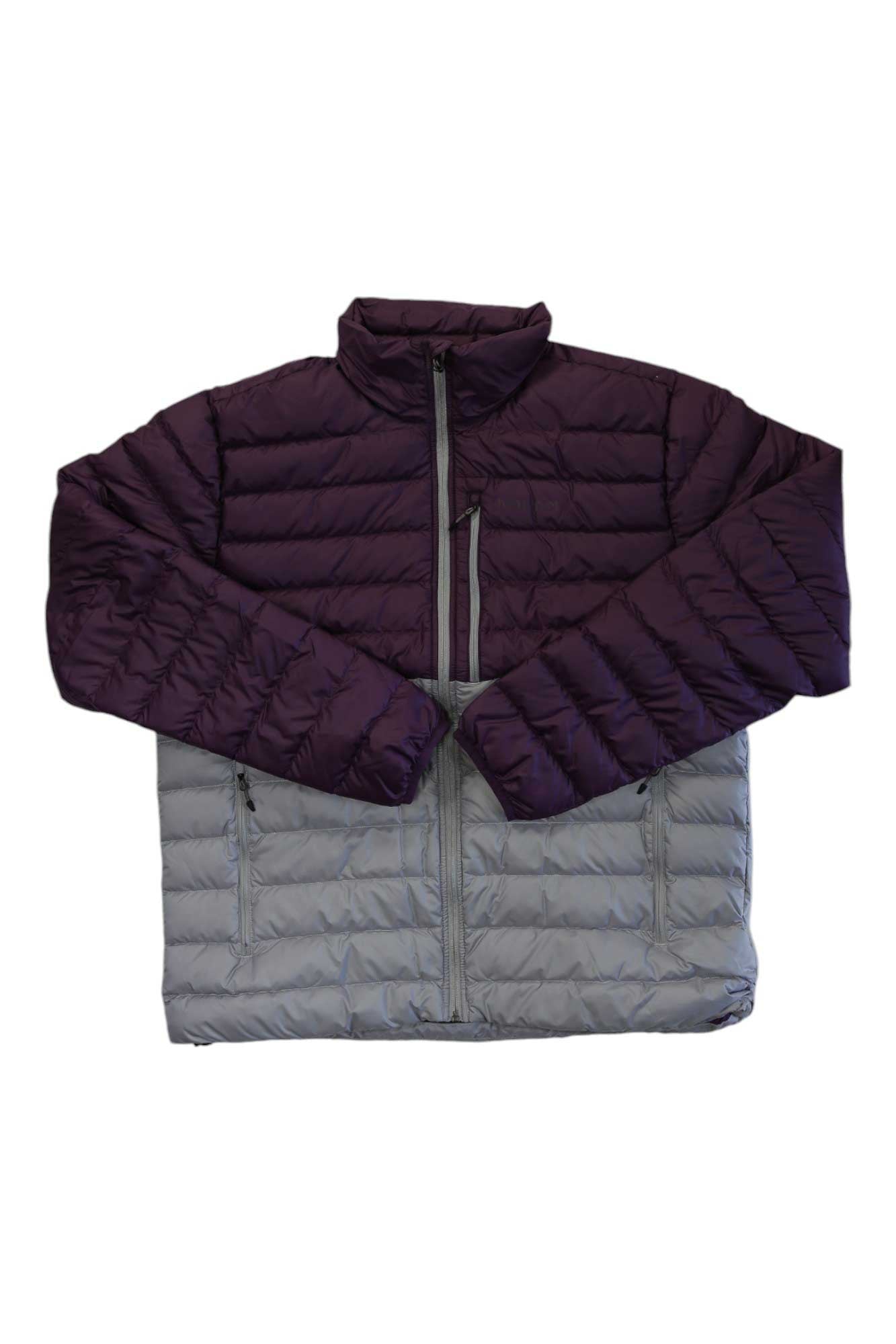 The Mens Highlander Jacket features a dark purple top, light gray bottom, front zipper, zippered pockets, 700-fill down insulation, and is waterproof for added warmth.