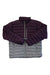 The Mens Highlander Jacket features a dark purple top, light gray bottom, front zipper, zippered pockets, 700-fill down insulation, and is waterproof for added warmth.