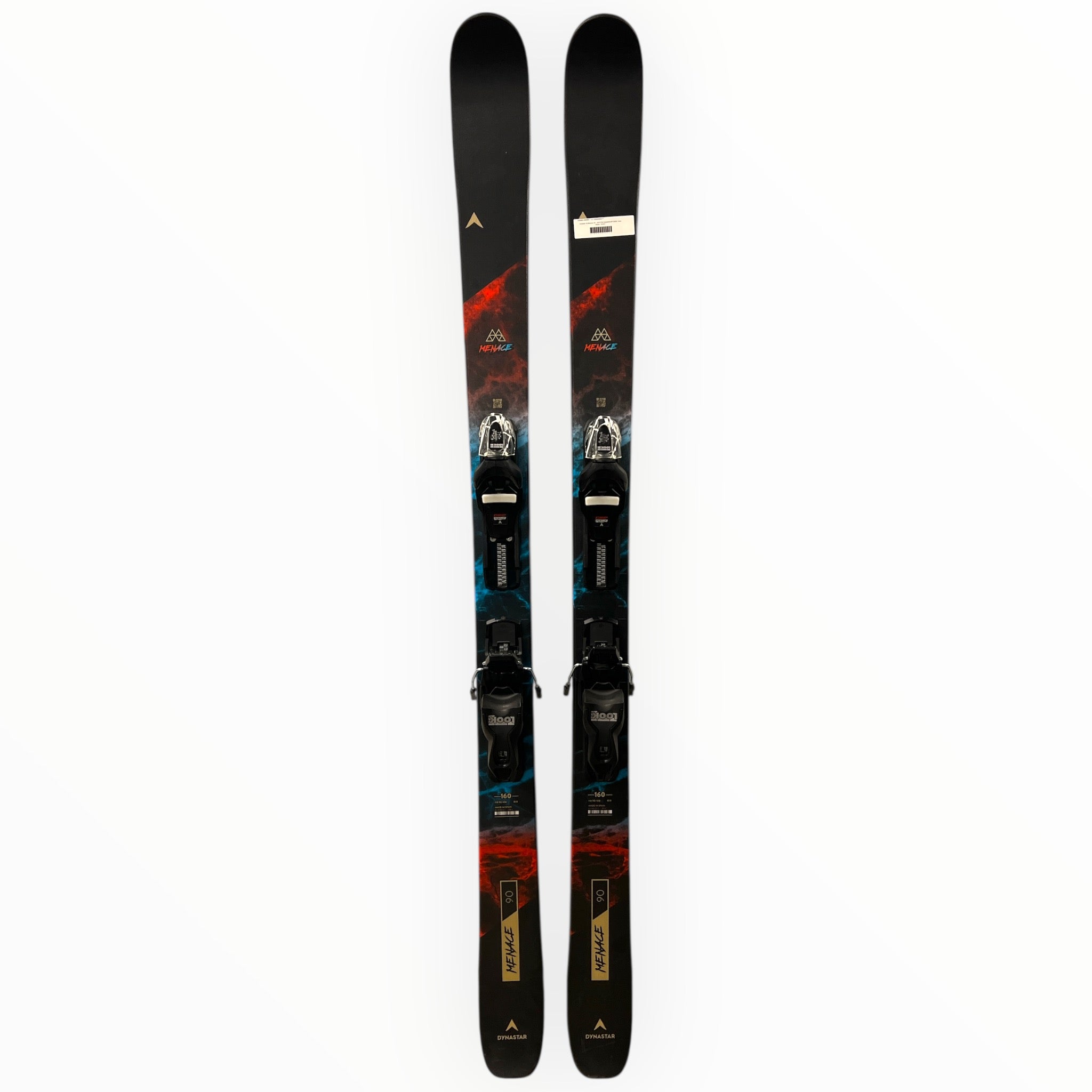 The Dynastar M-Menace 90 + M10 GW Bindings skis are displayed upright, side by side, on a white background.