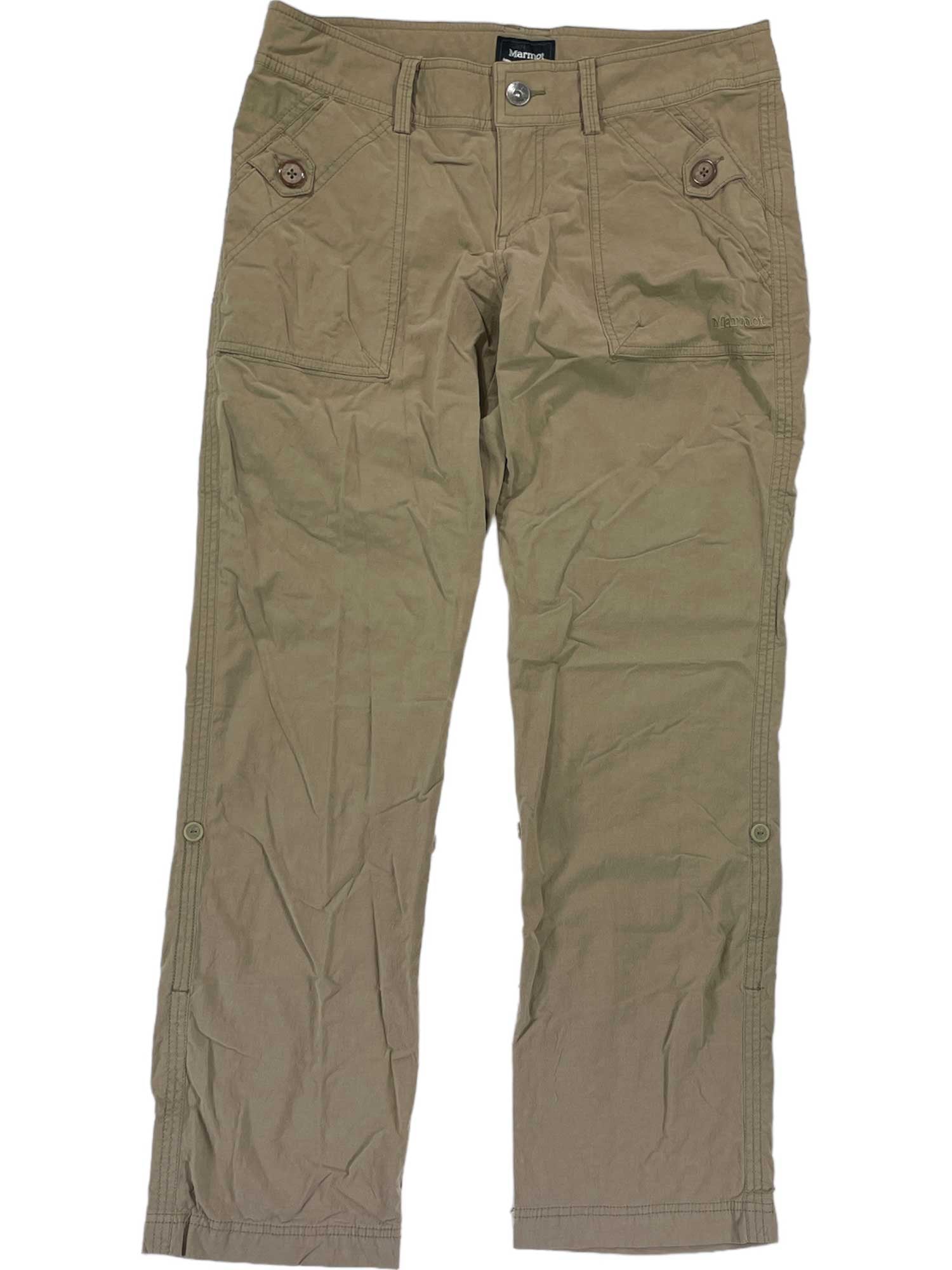 The Ginny Pant is a pair of light brown, straight-leg casual pants with button-flap cargo pockets, belt loops, and visible seam details, made from durable performance fabric and displayed flat on a white background.