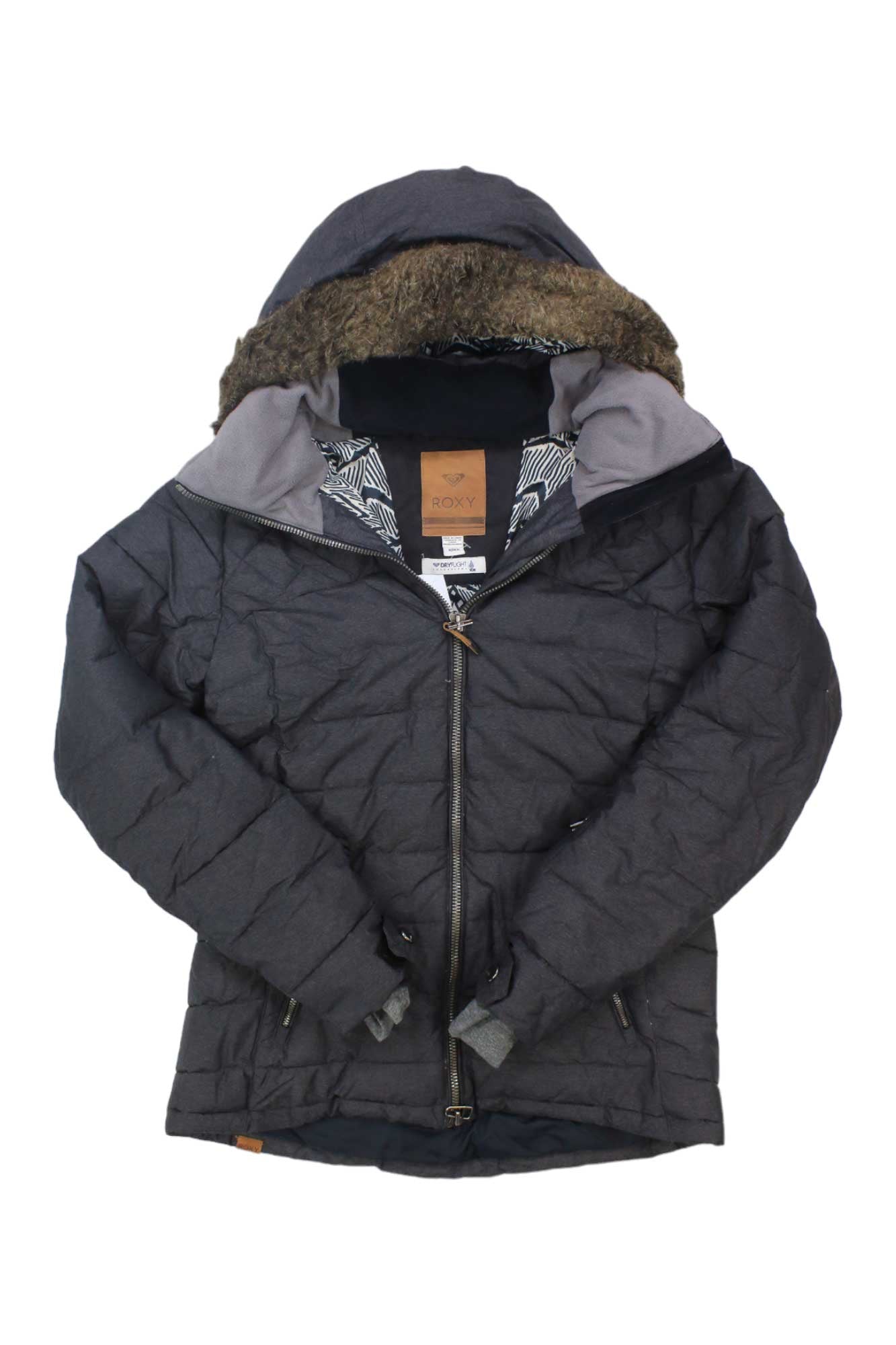 Women's Quinn jacket, dark blue-gray quilted puffer with hood and faux-fur trim