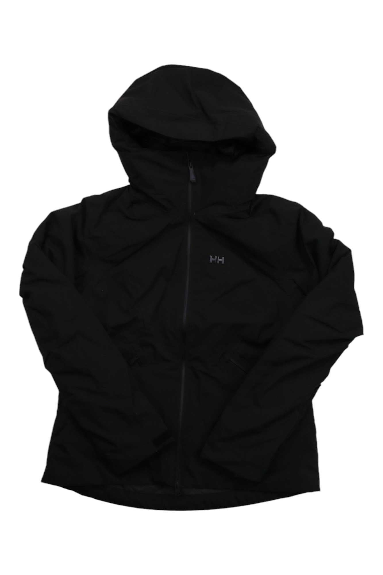 A black Helly Hansen Womens Motionista Infinity Jacket featuring a front zipper, PrimaLoft Black Eco insulation, and the Helly Hansen logo on the chest, displayed flat on a white background.
