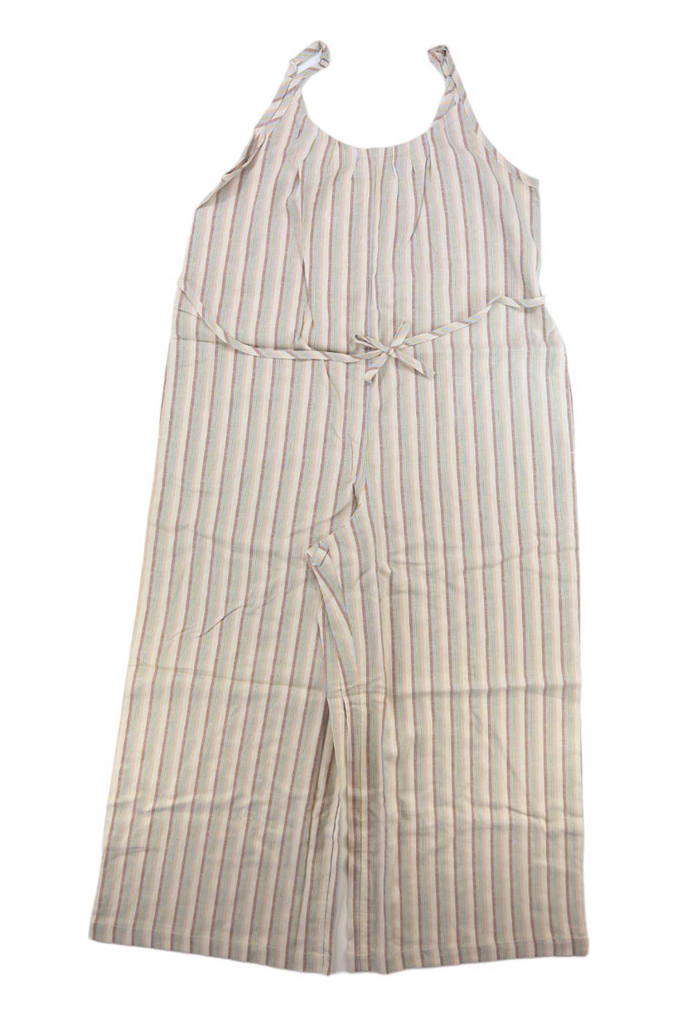 The Toad & Co Womens Taj Hemp Strappy Jumpsuit is a sleeveless, wide-leg hemp jumpsuit with thin pastel vertical stripes, a round neckline, and an adjustable waist tie belt, shown laid flat on a white background.