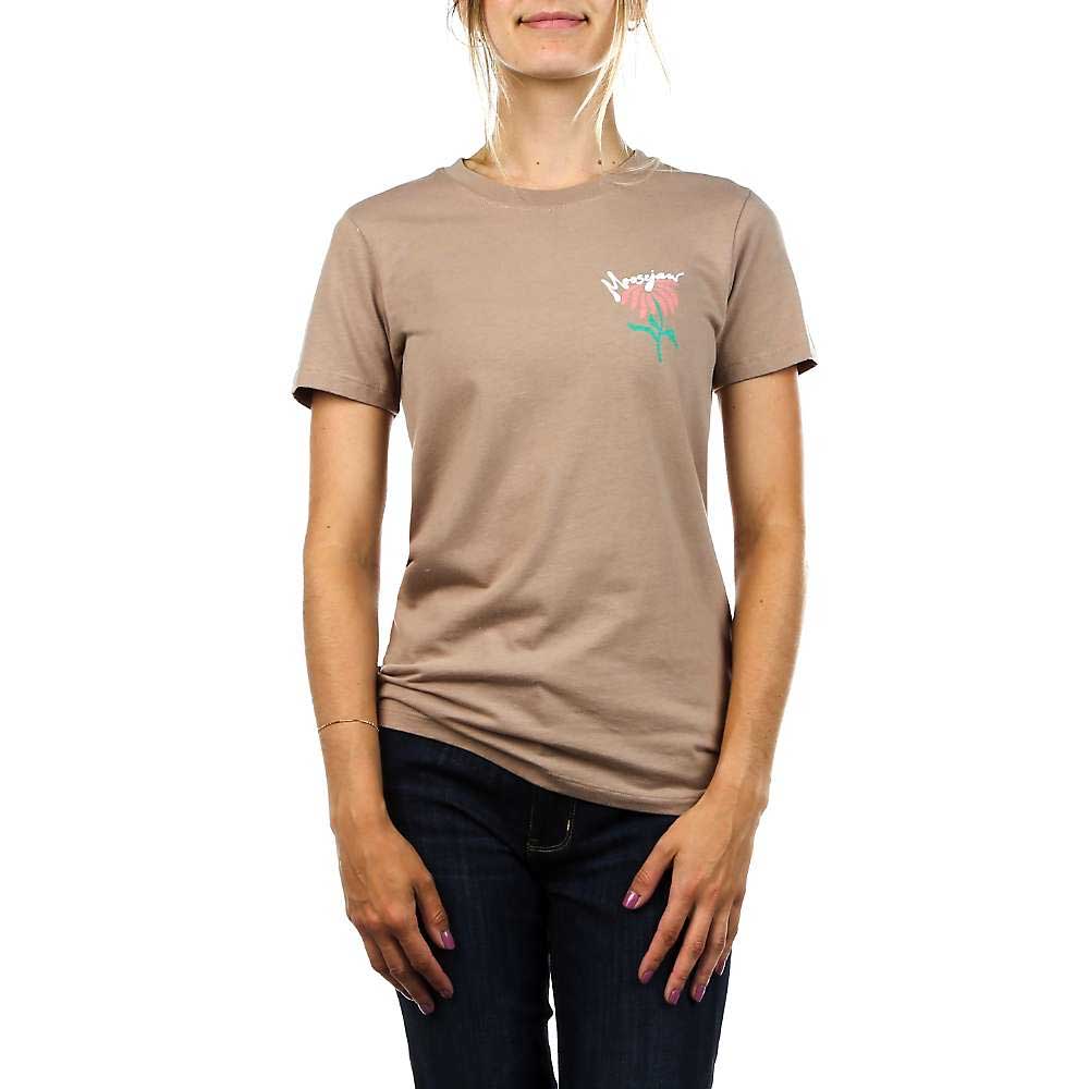 Women's taupe short-sleeve T-shirt with small colorful fruit graphic on chest