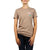 Women's taupe short-sleeve T-shirt with small colorful fruit graphic on chest