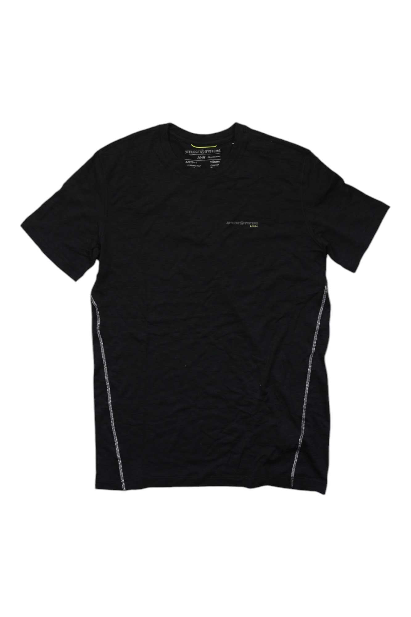 The Artilect Mens Sprint Tee is a plain black short-sleeve running shirt with white side stitching, made from soft Nuyarn fabric. It features a small printed chest label and is displayed laid flat on a white background.