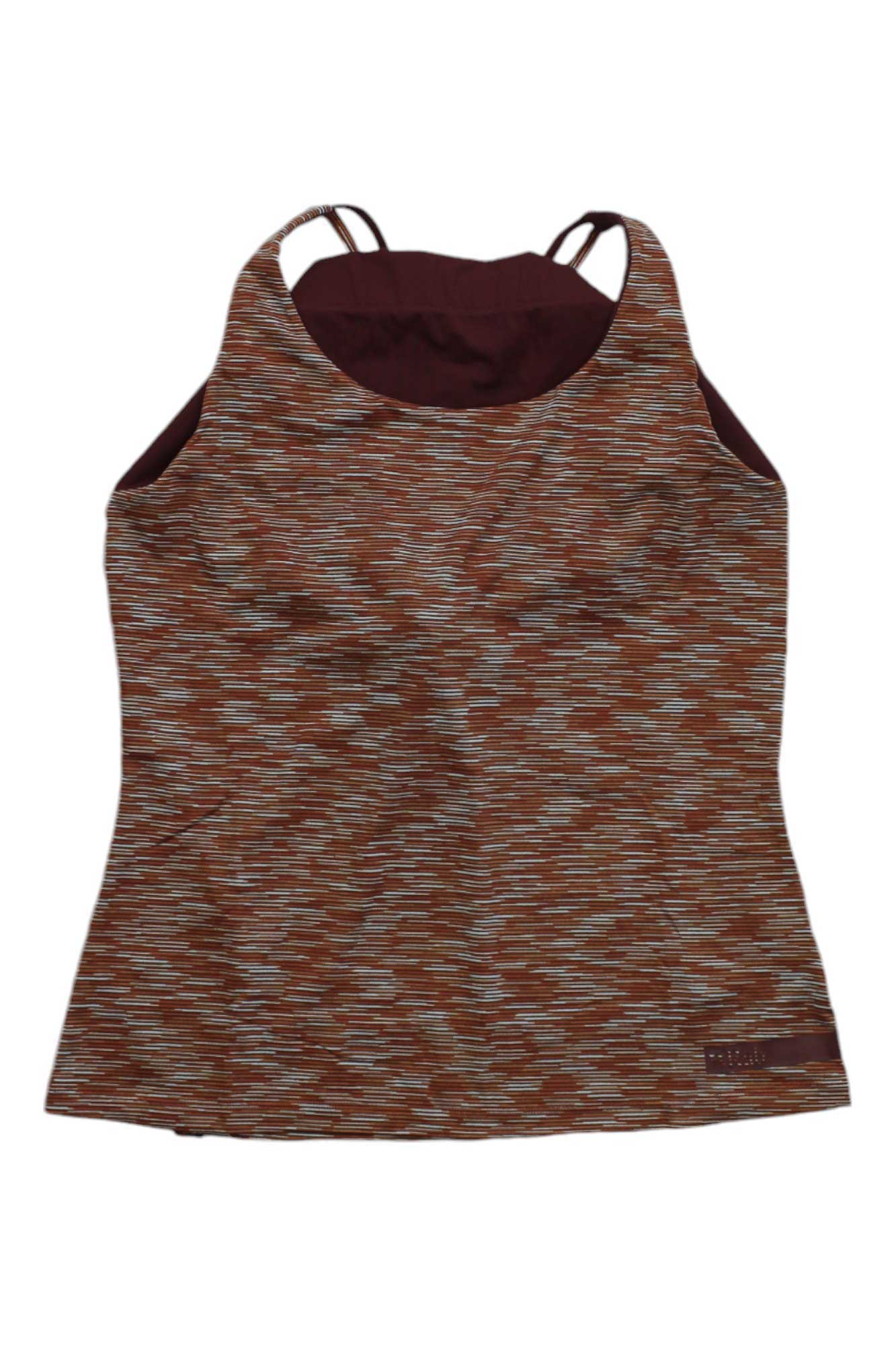 The Rab Womens Lineal Tank is a sleeveless, fitted tank top with thin straps and a brown-gray textured pattern. Its moisture-wicking fabric keeps you cool and comfortable during travel or daily activities.