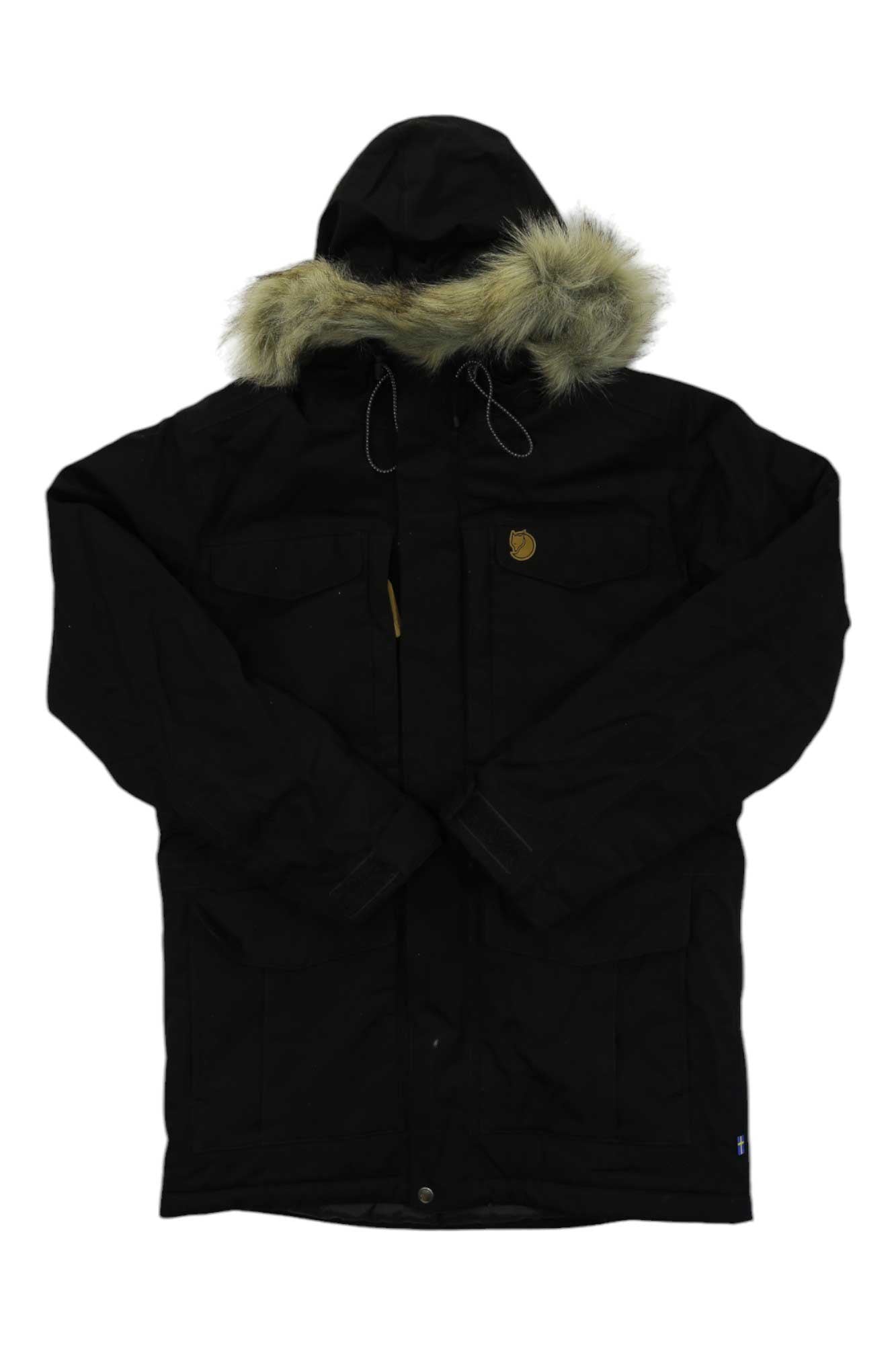 Men's Fjallraven Nuuk Parka in black with faux-fur trimmed hood, back view