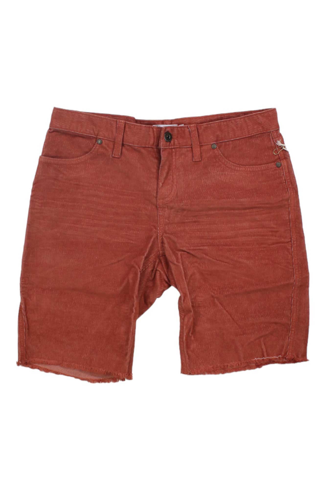 The Carve Designs Womens Oahu 10 Inch Short features reddish-brown organic cotton corduroy, a frayed hem, front button and zipper closure, and five pockets—offering an elevated update to classic women’s shorts.