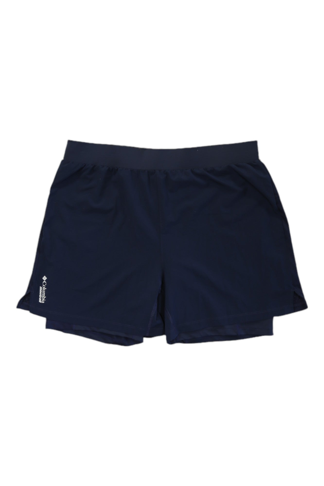 The navy blue Endless Trail 2 in 1 Short features an elastic waistband, a small white logo on the lower left leg, and is designed with moisture-wicking fabric for outdoor comfort. Shown on a plain white background.