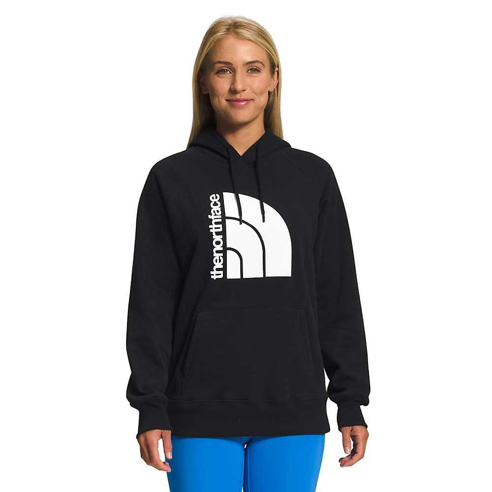 The North Face women's black pullover hoodie, front view, Half Dome graphic and hood