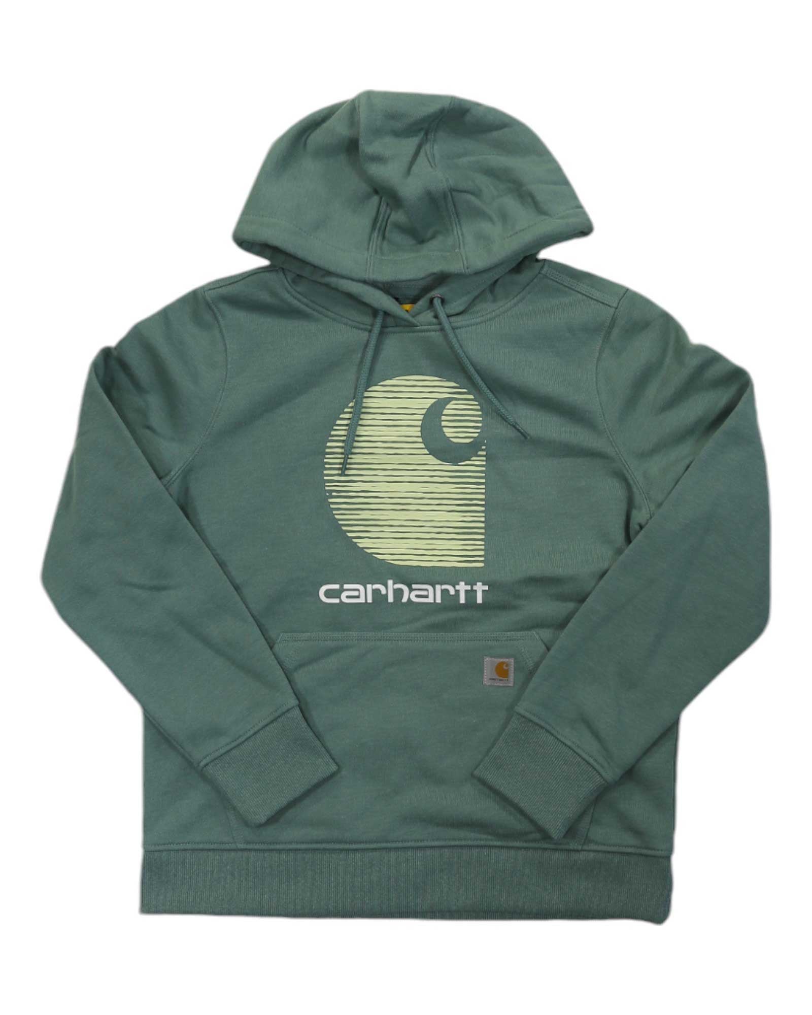 The Carhartt Women's Rain Defender Relaxed Fit Midweight C Logo Graphic Sweatshirt is green with a drawstring hood, front pocket, and light yellow Carhartt logo/name on the chest. Features a relaxed fit for comfort.