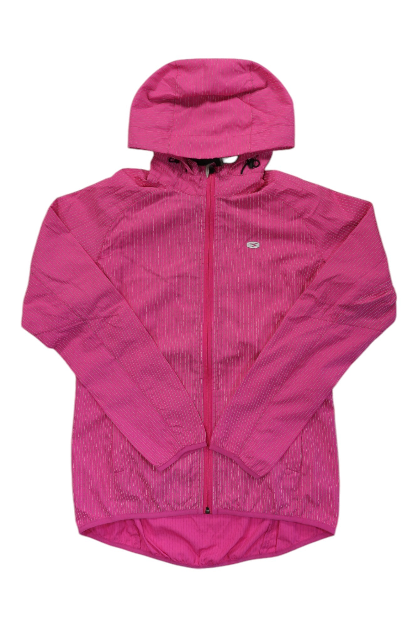 The Sugoi Womens Zap 2 Training Jacket in bright pink features a front zipper, long sleeves, small chest logo, and water-resistant material. It is displayed laid flat on a white background.